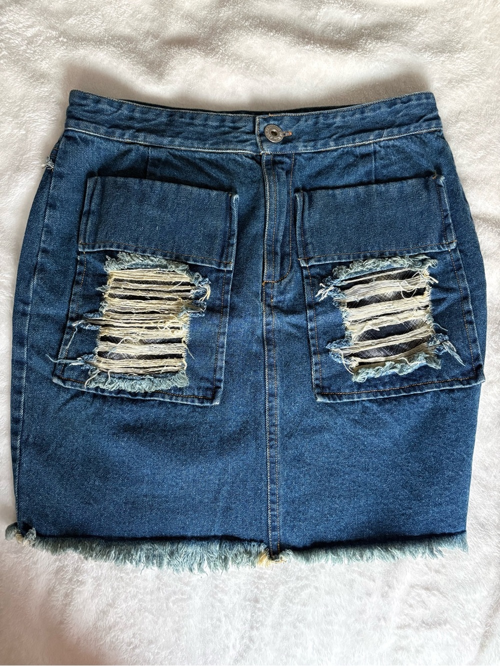 POL Blue Distressed Denim Mini Skirt with Flannel Detail